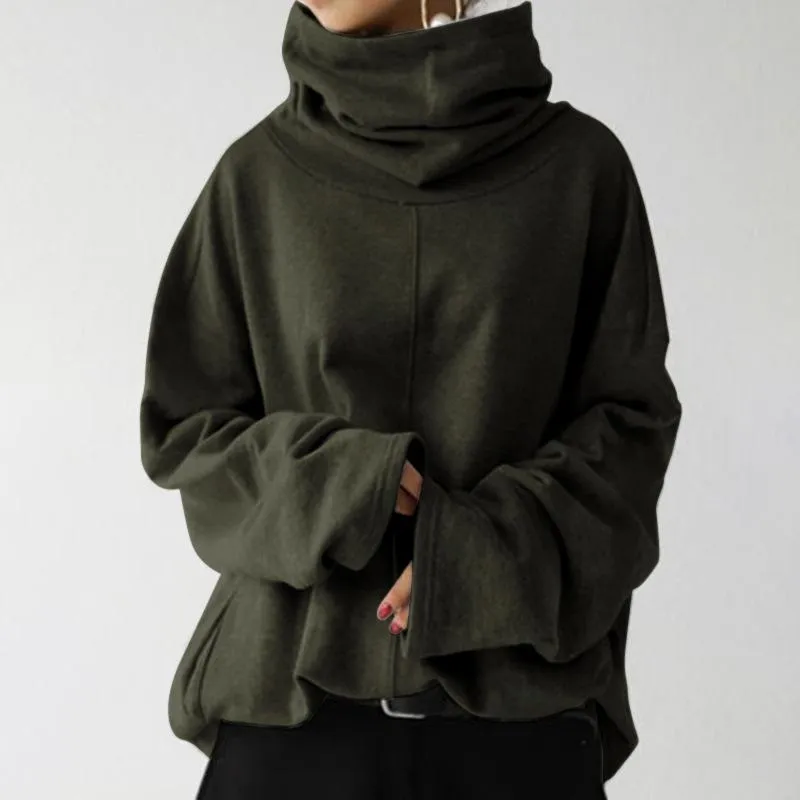 Women winter autumn turtleneck pockets pullover plain sweatshirt