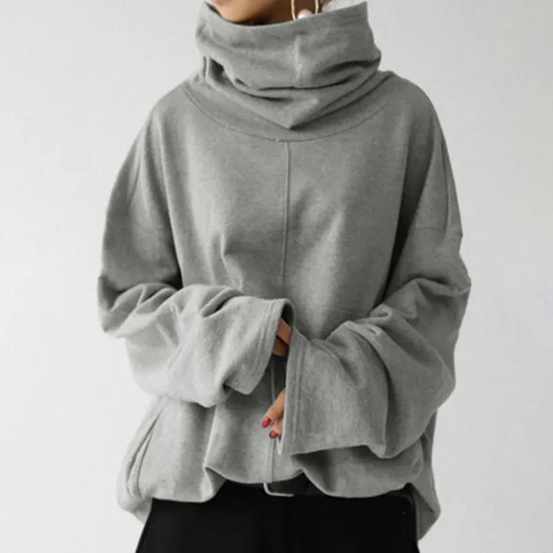 Women winter autumn turtleneck pockets pullover plain sweatshirt