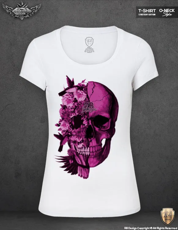 Womens Designer Skull T-shirt Ladies Flowers Skeleton Top WD209