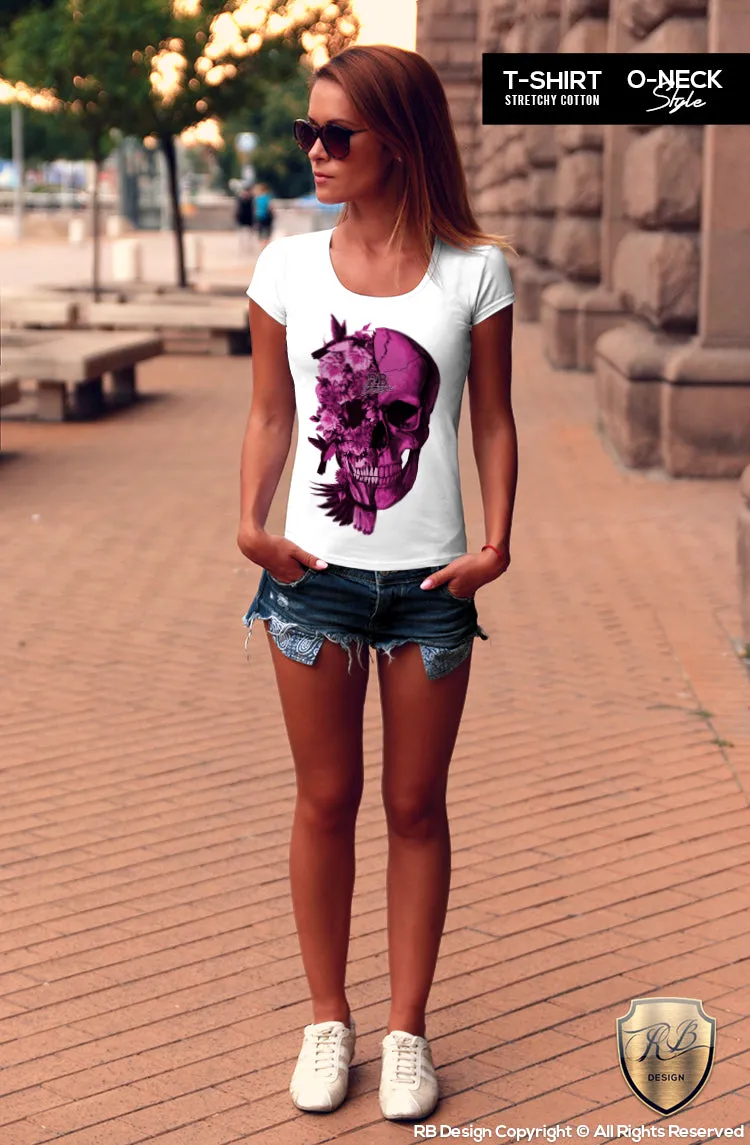 Womens Designer Skull T-shirt Ladies Flowers Skeleton Top WD209