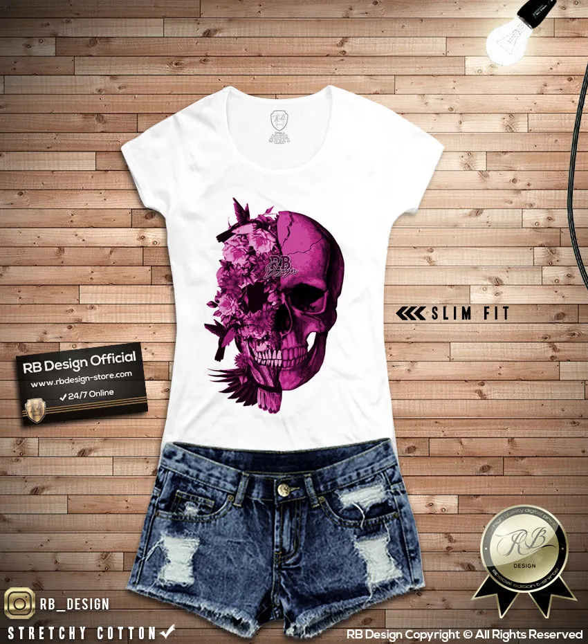 Womens Designer Skull T-shirt Ladies Flowers Skeleton Top WD209