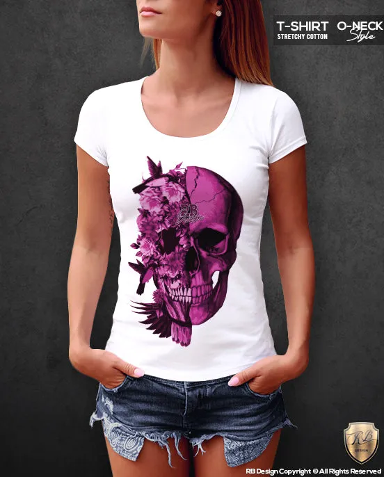 Womens Designer Skull T-shirt Ladies Flowers Skeleton Top WD209