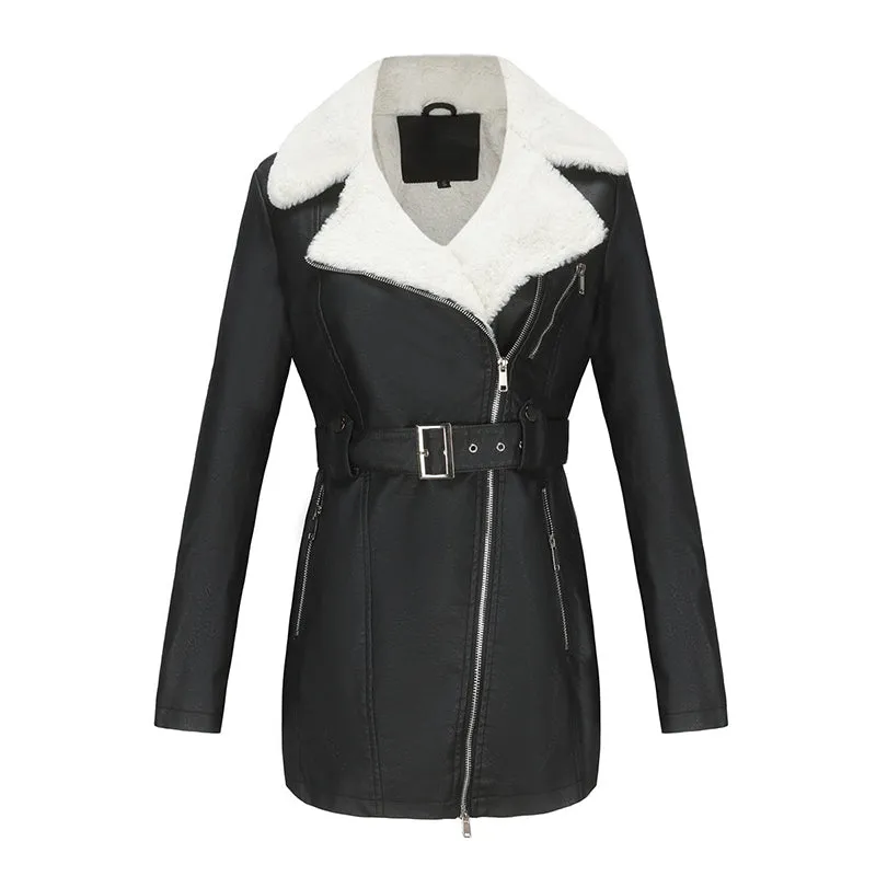 Women's faux shearing mid-long coat with waist belt