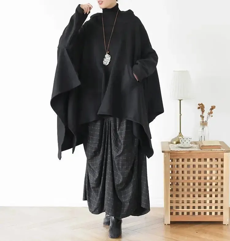 Women's Hooded Cape Asymmetric Long Cape Coat