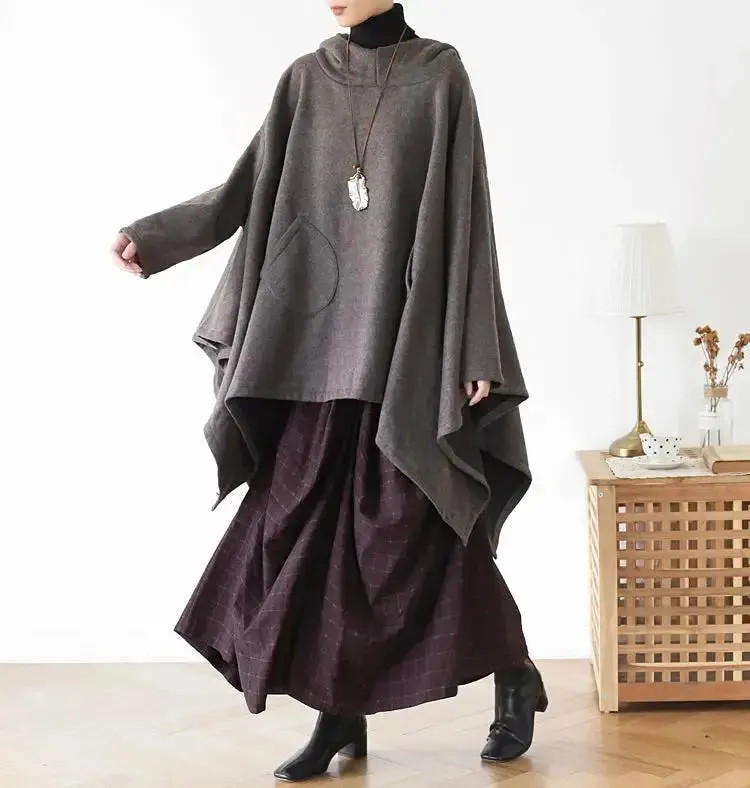 Women's Hooded Cape Asymmetric Long Cape Coat