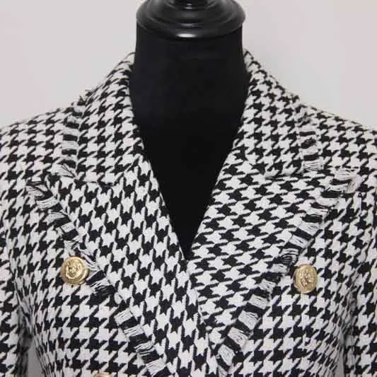 Womens Houndstooth Check Coat Fitted Fringe Tassel Golden Lion Buttons Blazer Jacket