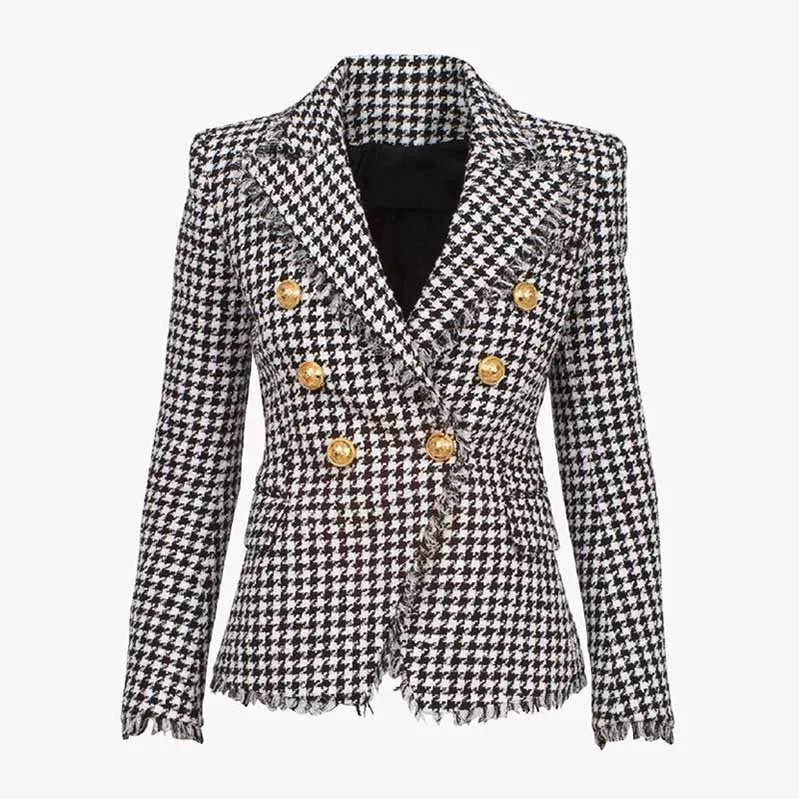 Womens Houndstooth Check Coat Fitted Fringe Tassel Golden Lion Buttons Blazer Jacket