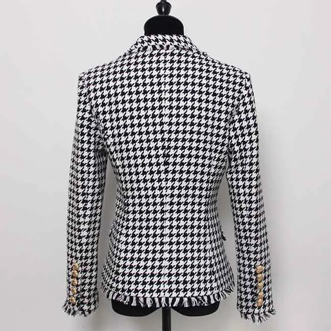 Womens Houndstooth Check Coat Fitted Fringe Tassel Golden Lion Buttons Blazer Jacket