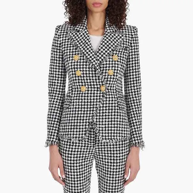 Womens Houndstooth Check Coat Fitted Fringe Tassel Golden Lion Buttons Blazer Jacket