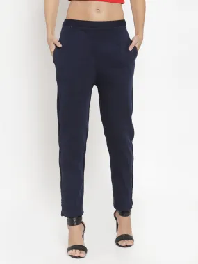 Women'S Navy Blue Woolen Pencil Pant - Creation