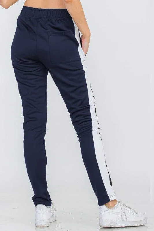 Women's Navy White Single Strip Track Pants