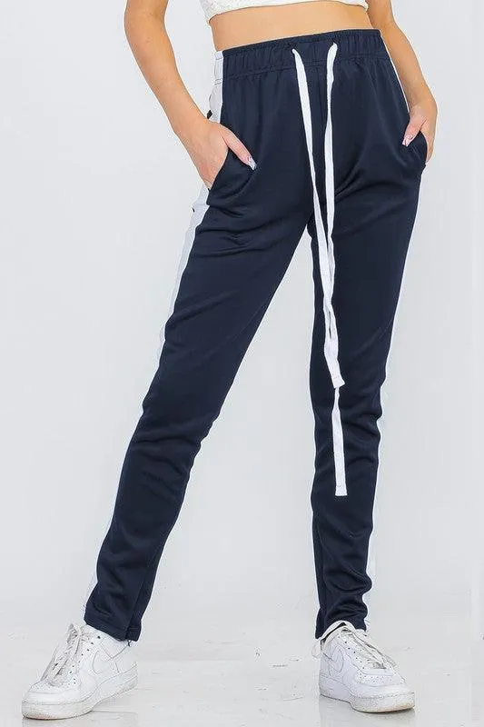 Women's Navy White Single Strip Track Pants