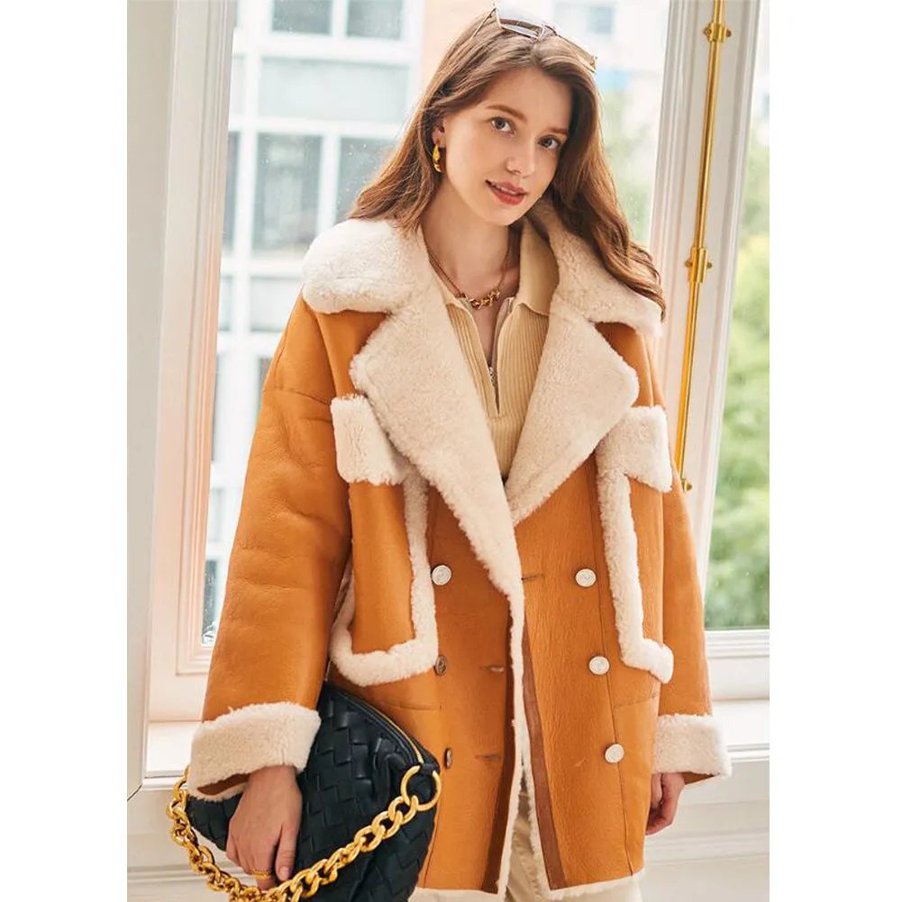 Womens Shearling Sheepskin Aviator Coat