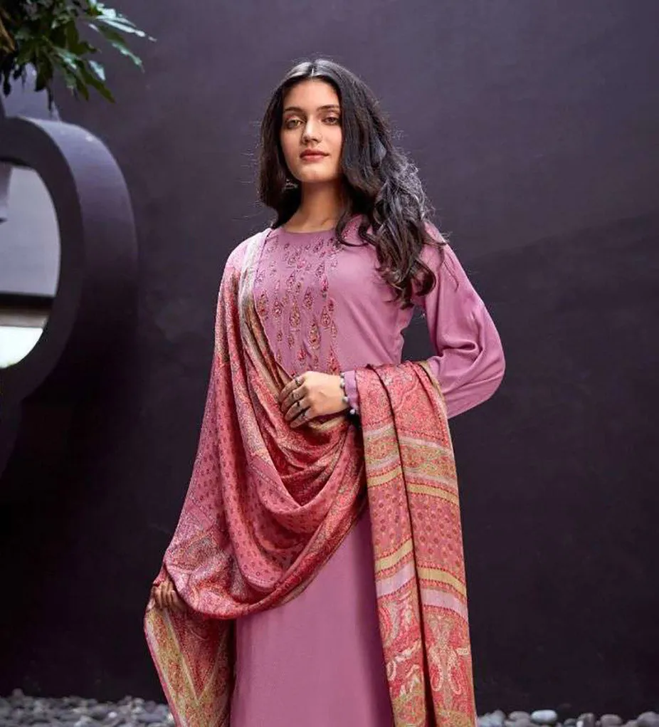 Woolen Pashmina Embroidered Pink Unstitched Winter Suits Material