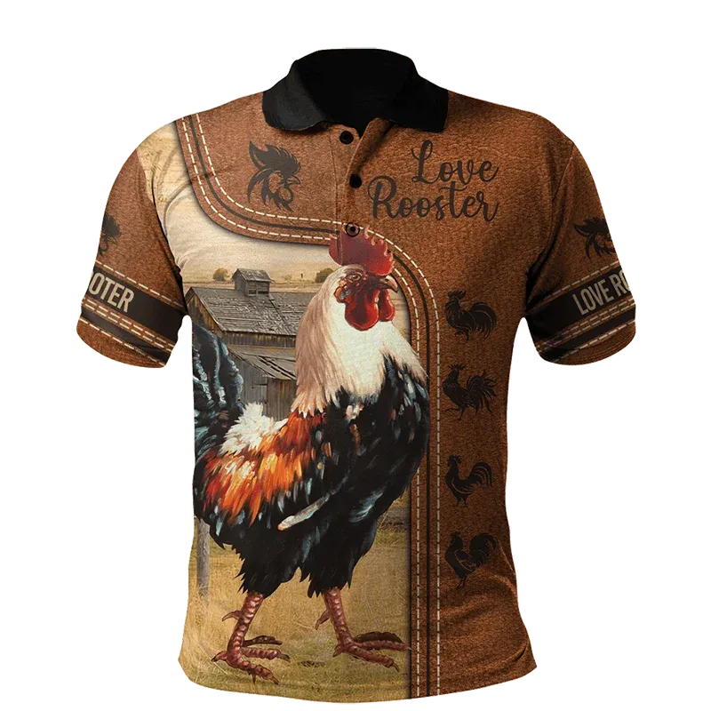 Xl-3xl Rooster Graphic 3D  Men's Summer Button Down Collar Polo Shirts Casual Short Sleeve.