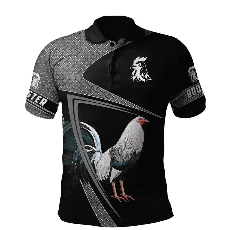 Xl-3xl Rooster Graphic 3D  Men's Summer Button Down Collar Polo Shirts Casual Short Sleeve.