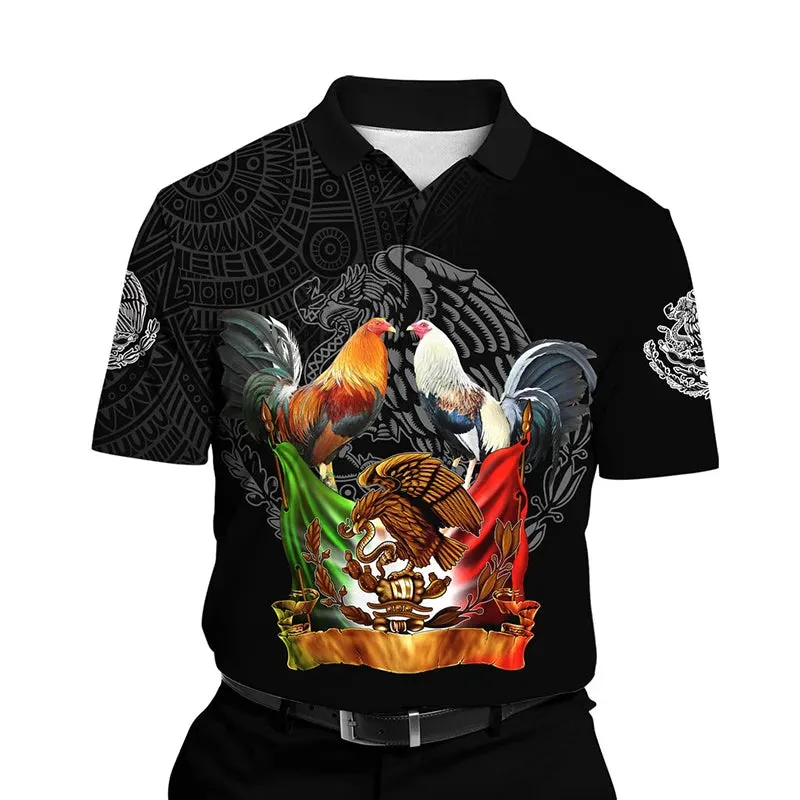 Xl-3xl Rooster Graphic 3D  Men's Summer Button Down Collar Polo Shirts Casual Short Sleeve.