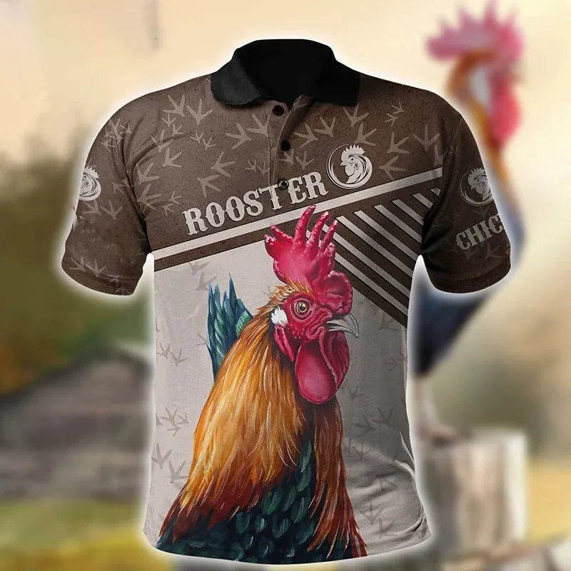 Xl-3xl Rooster Graphic 3D  Men's Summer Button Down Collar Polo Shirts Casual Short Sleeve.