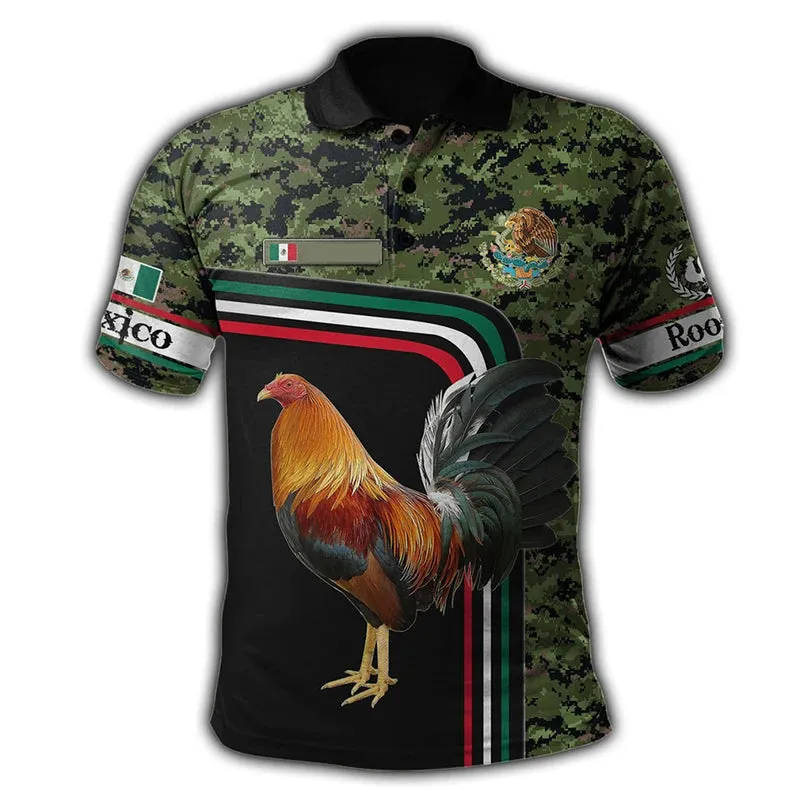 Xl-3xl Rooster Graphic 3D  Men's Summer Button Down Collar Polo Shirts Casual Short Sleeve.