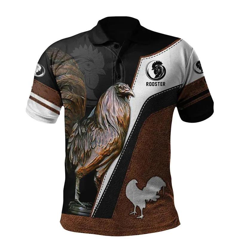 Xl-3xl Rooster Graphic 3D  Men's Summer Button Down Collar Polo Shirts Casual Short Sleeve.