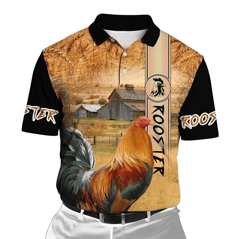 Xl-3xl Rooster Graphic 3D  Men's Summer Button Down Collar Polo Shirts Casual Short Sleeve.