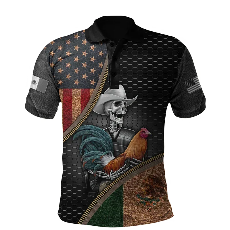 Xl-3xl Rooster Graphic 3D  Men's Summer Button Down Collar Polo Shirts Casual Short Sleeve.