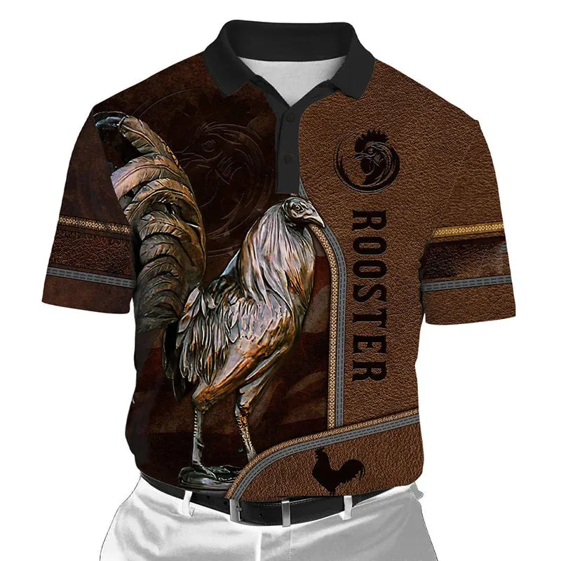 Xl-3xl Rooster Graphic 3D  Men's Summer Button Down Collar Polo Shirts Casual Short Sleeve.