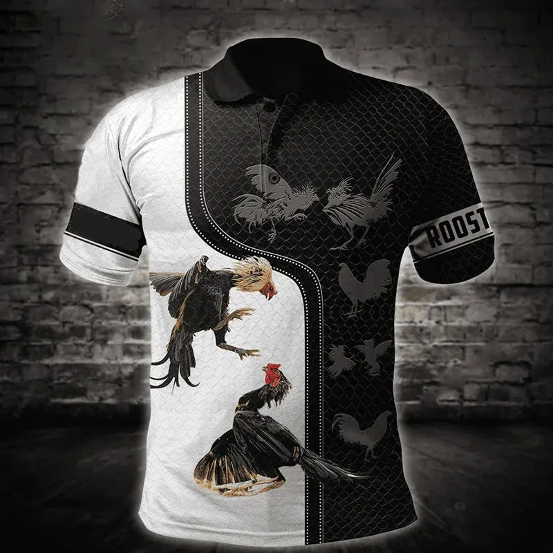 Xl-3xl Rooster Graphic 3D  Men's Summer Button Down Collar Polo Shirts Casual Short Sleeve.