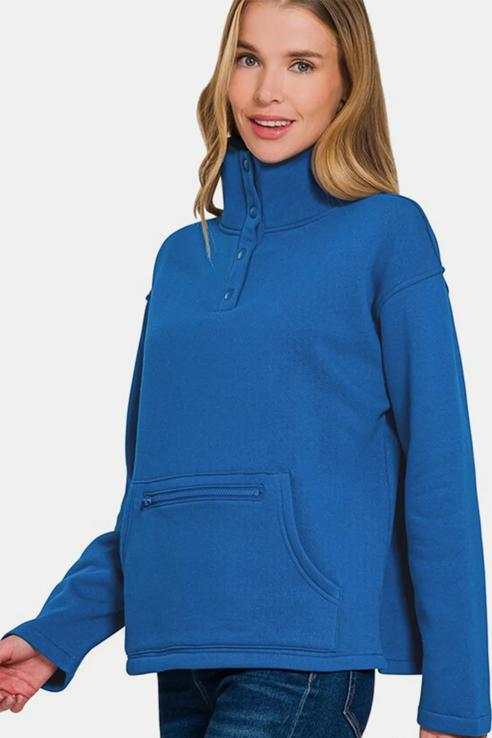 Zenana Turtleneck Half Snap Fleece Sweatshirt Royal Blue