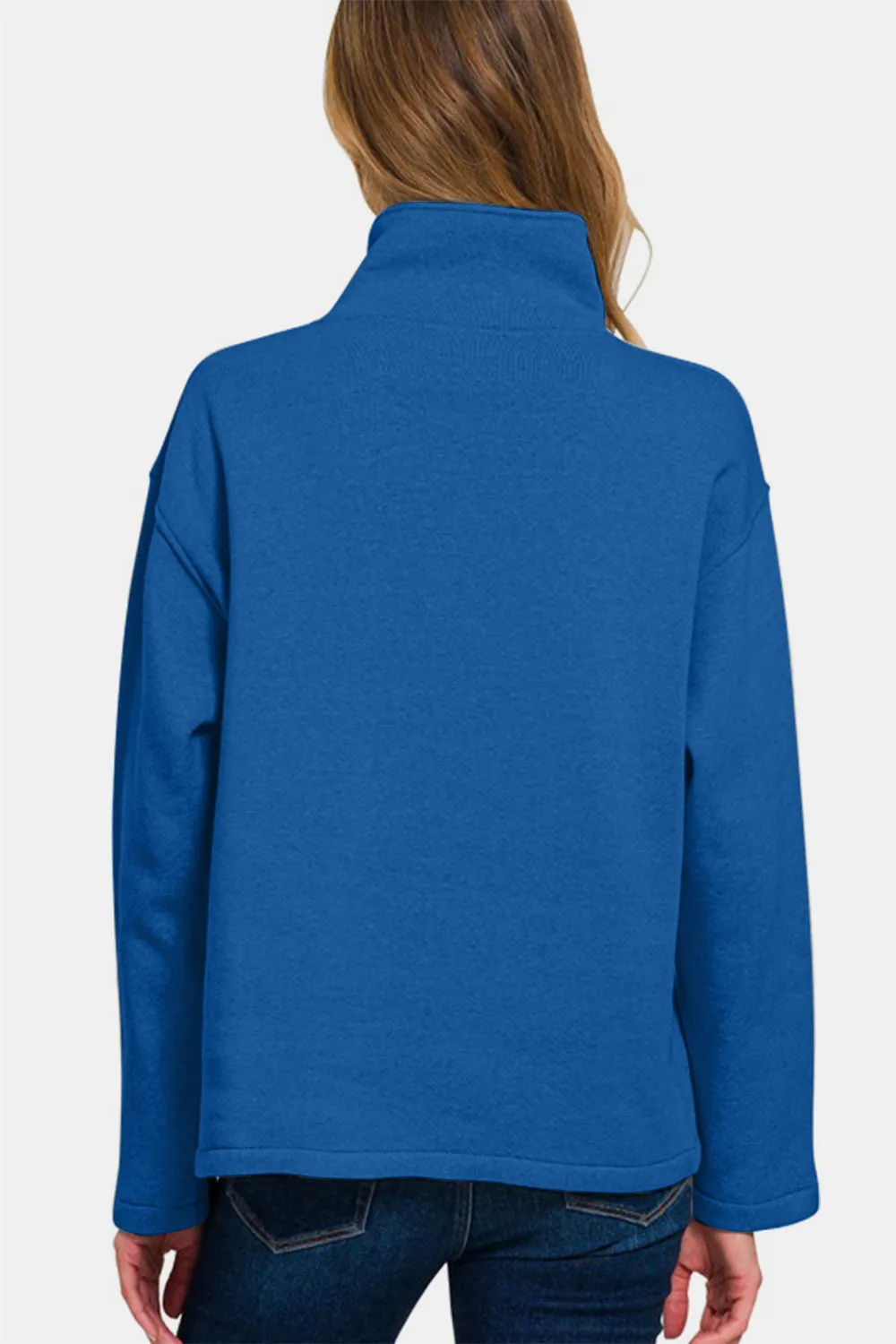 Zenana Turtleneck Half Snap Fleece Sweatshirt Royal Blue