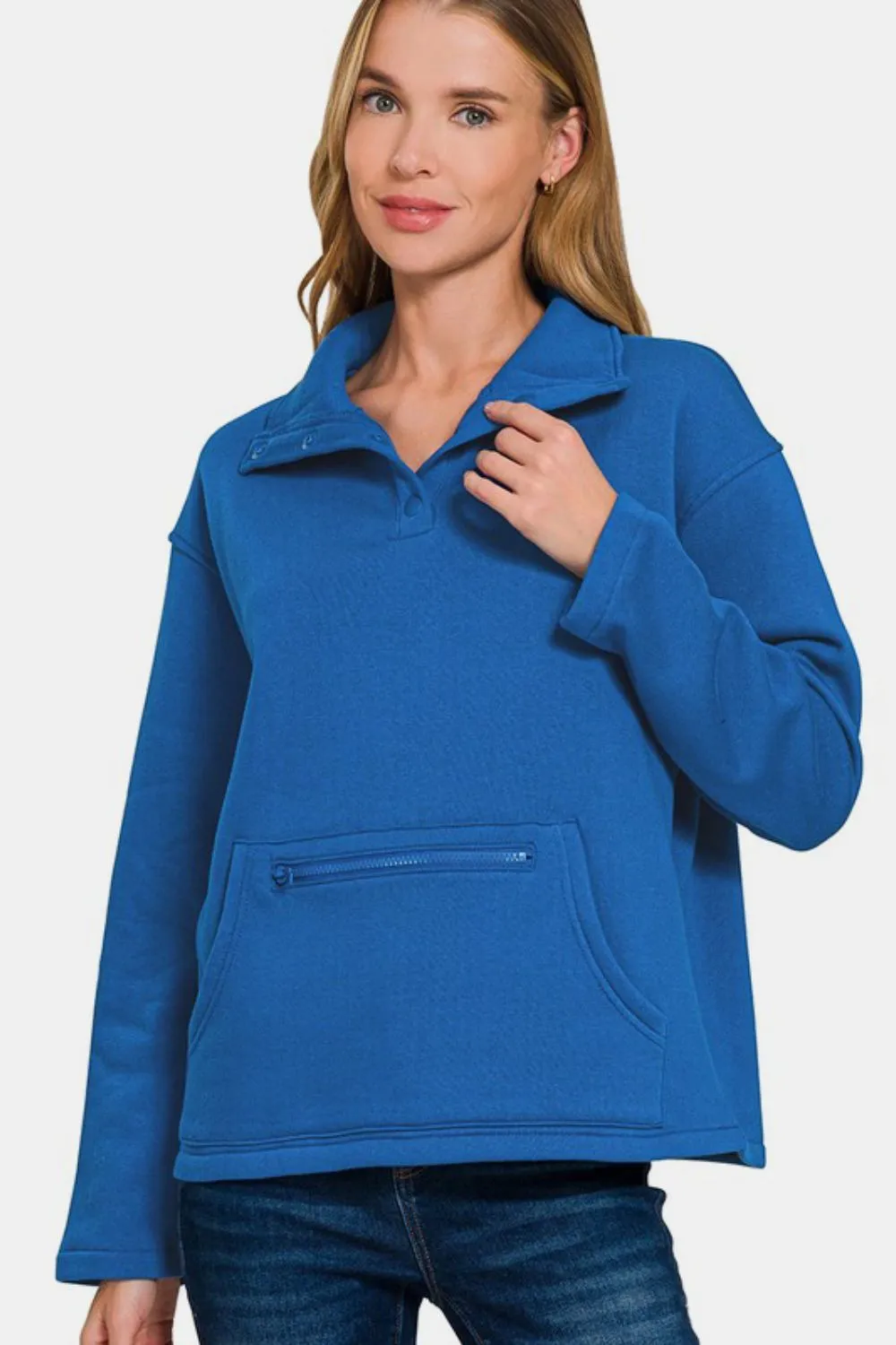 Zenana Turtleneck Half Snap Fleece Sweatshirt Royal Blue